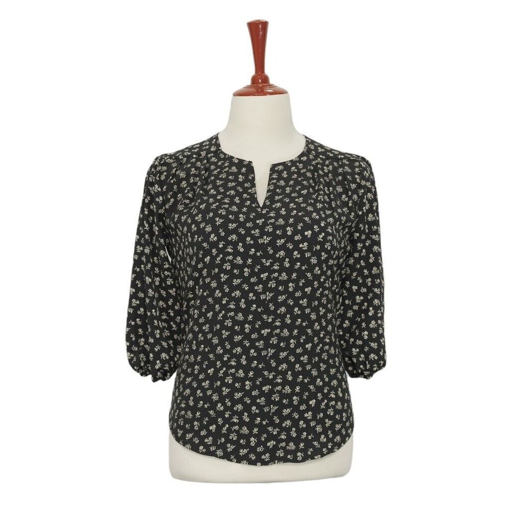 Womens Silky Blouse Floral Black Ivory Crinkle 3/4 Sleeve V-Neck Loose Top Large